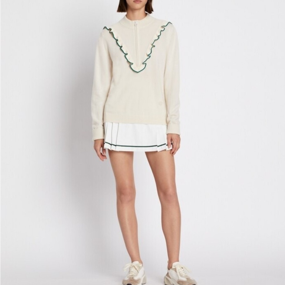 Tory Sport Green Trim cream ruffle tennis Sweater size medium